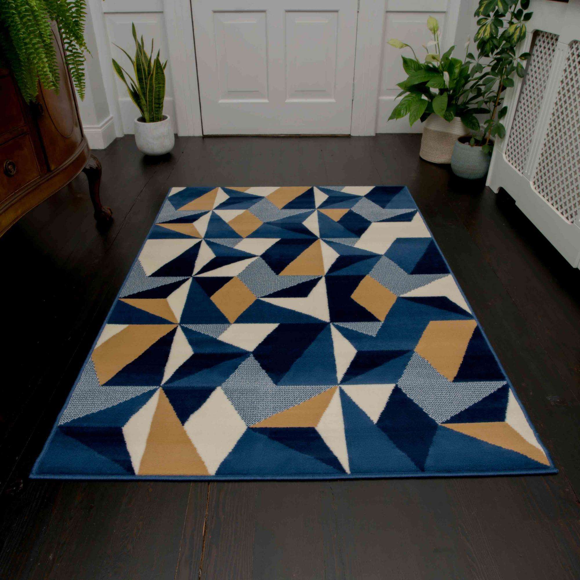 Blue Grey Modern Geometric Hall Runner Rugs - Image 6