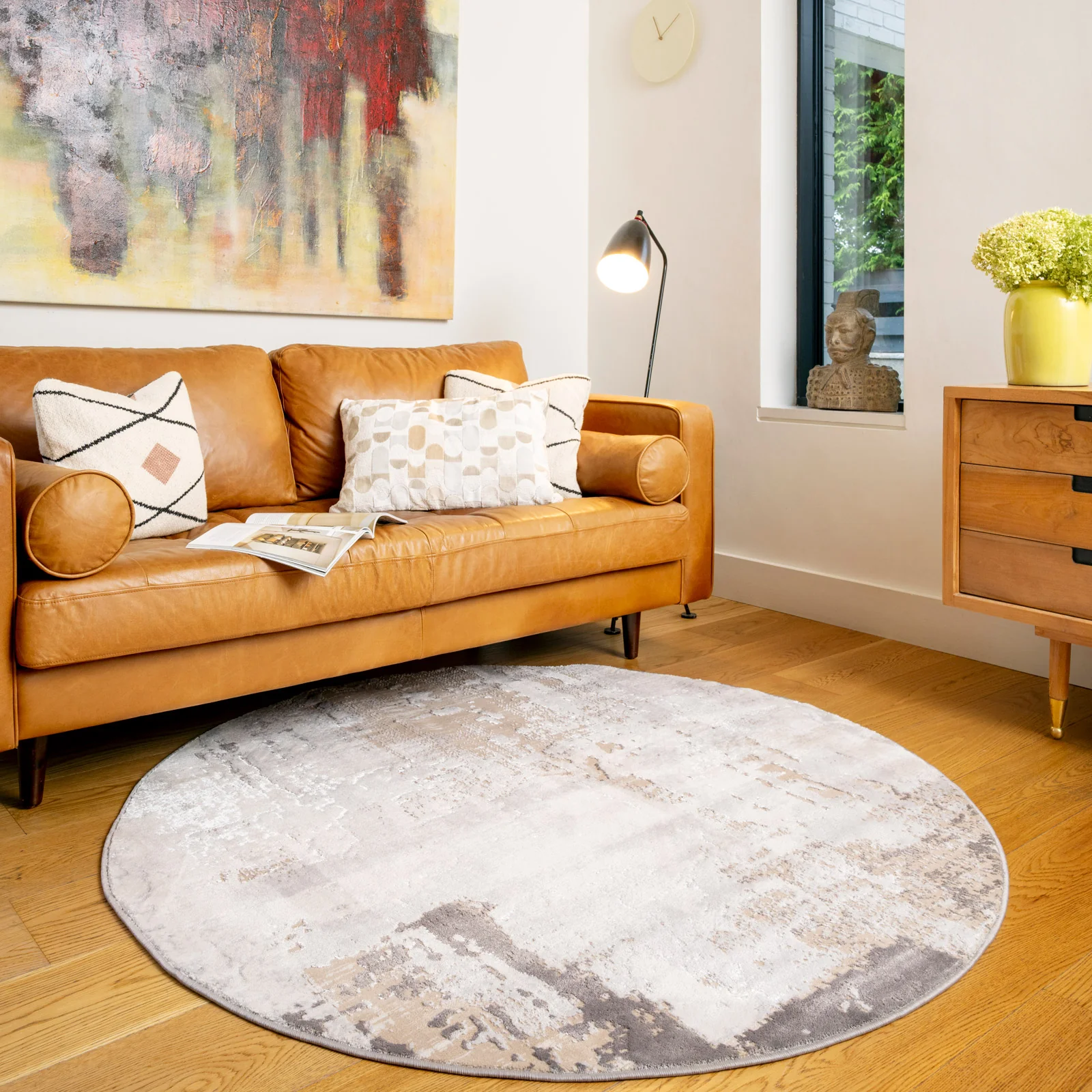 Distressed Abstract Beige Circle Rug - Grace - Image 3