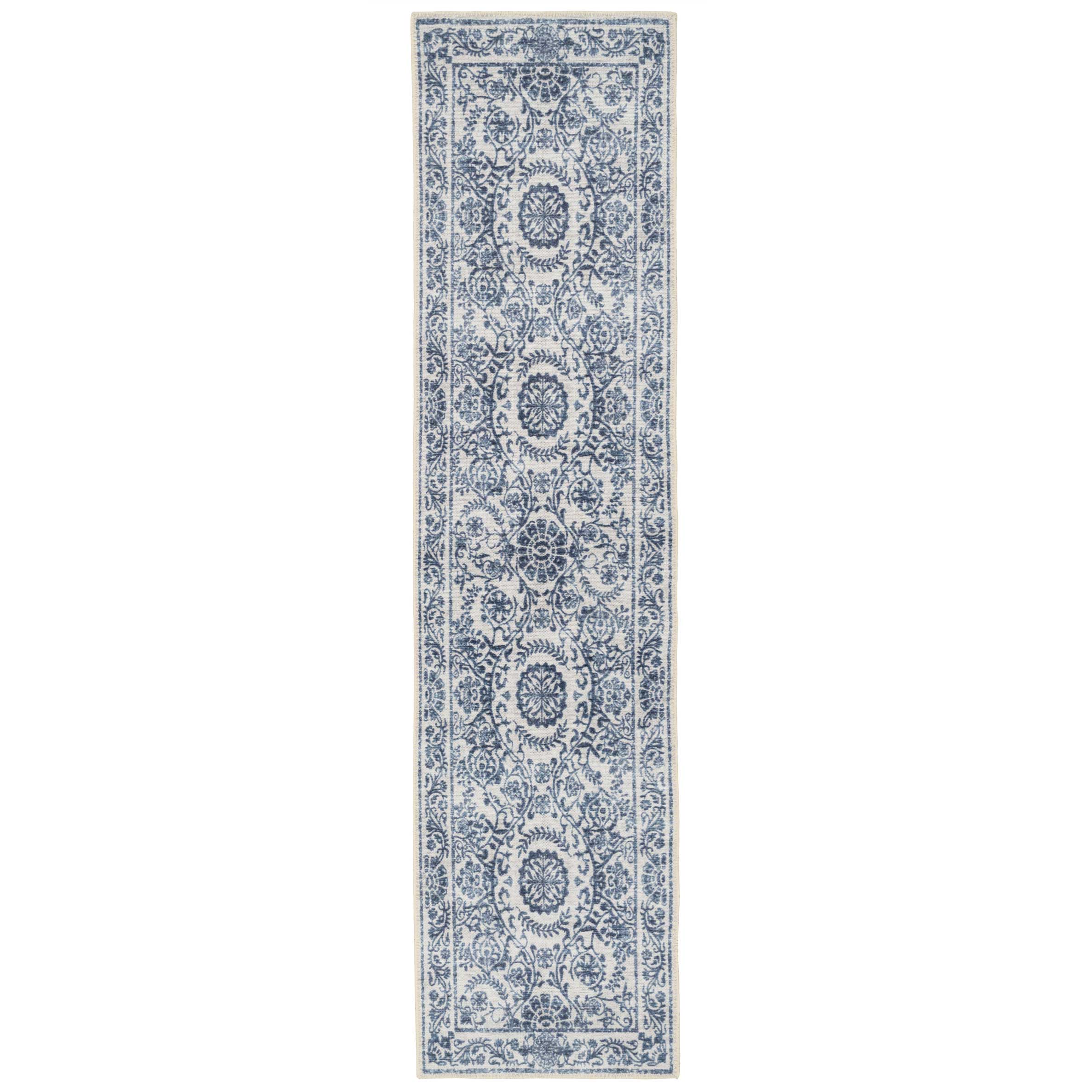 Flatwoven Washable Distressed Blue Damask Rug - Bala - Image 5
