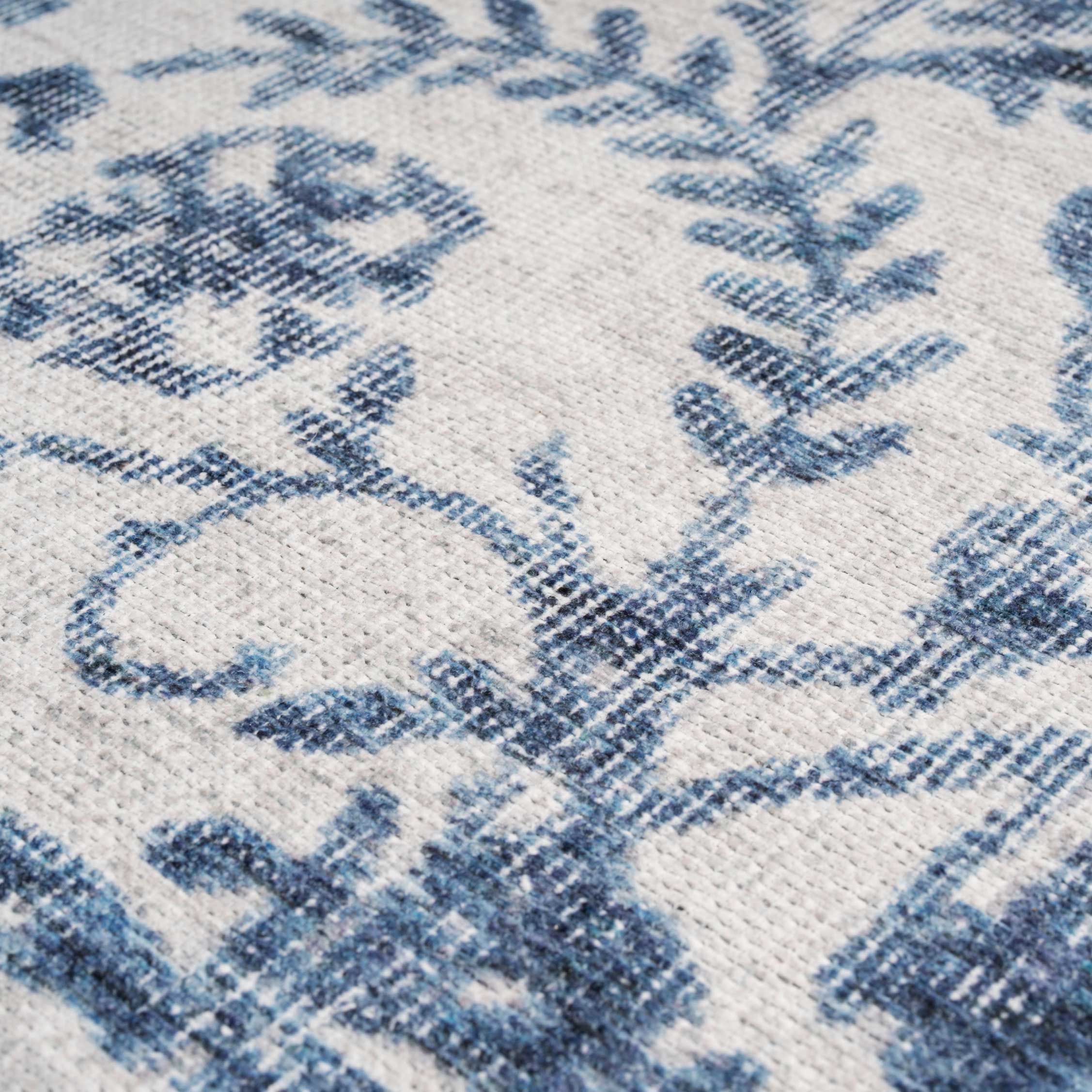 Flatwoven Washable Distressed Blue Damask Runner - Bala - Image 10