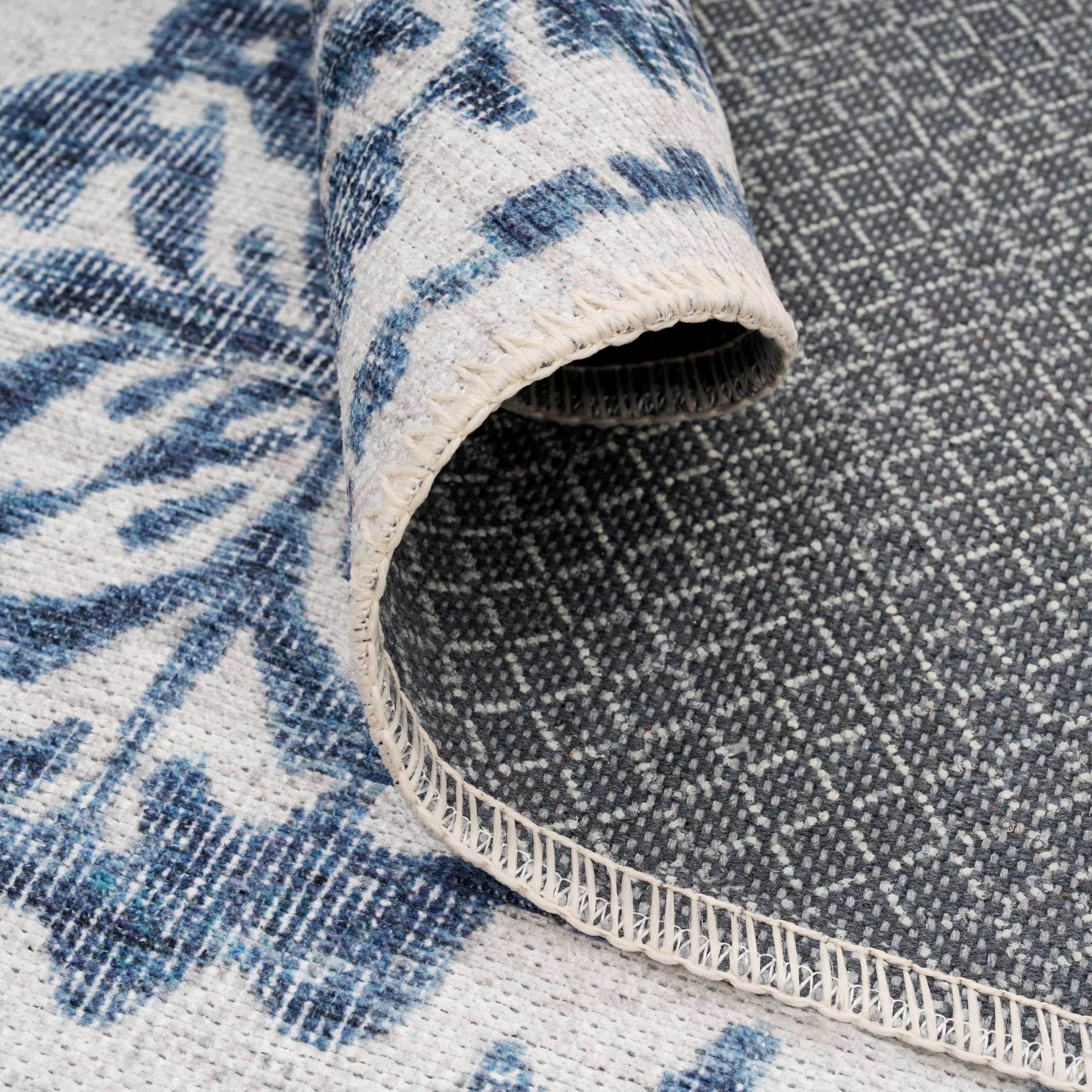 Flatwoven Washable Distressed Blue Damask Runner - Bala - Image 11