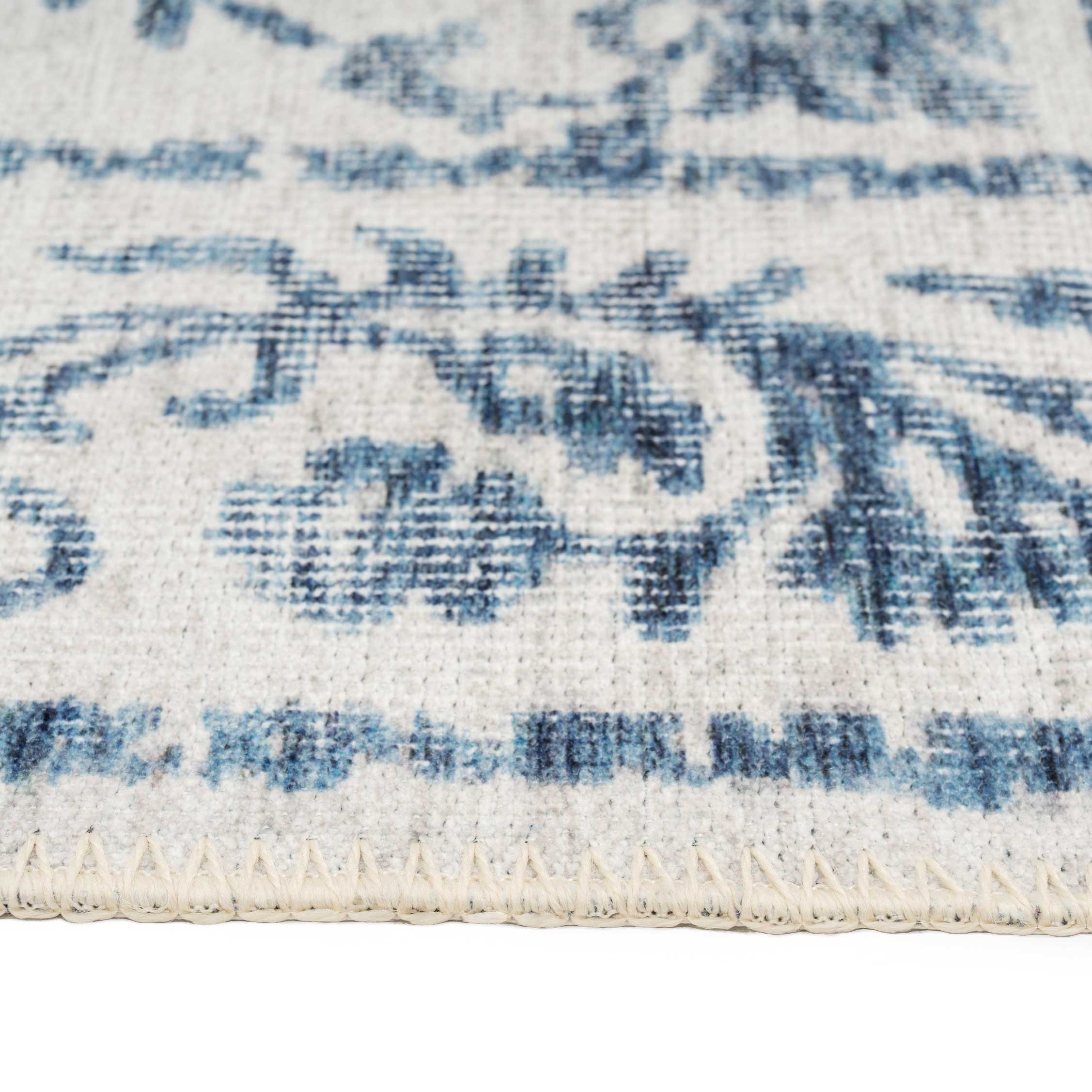 Flatwoven Washable Distressed Blue Damask Runner - Bala - Image 3
