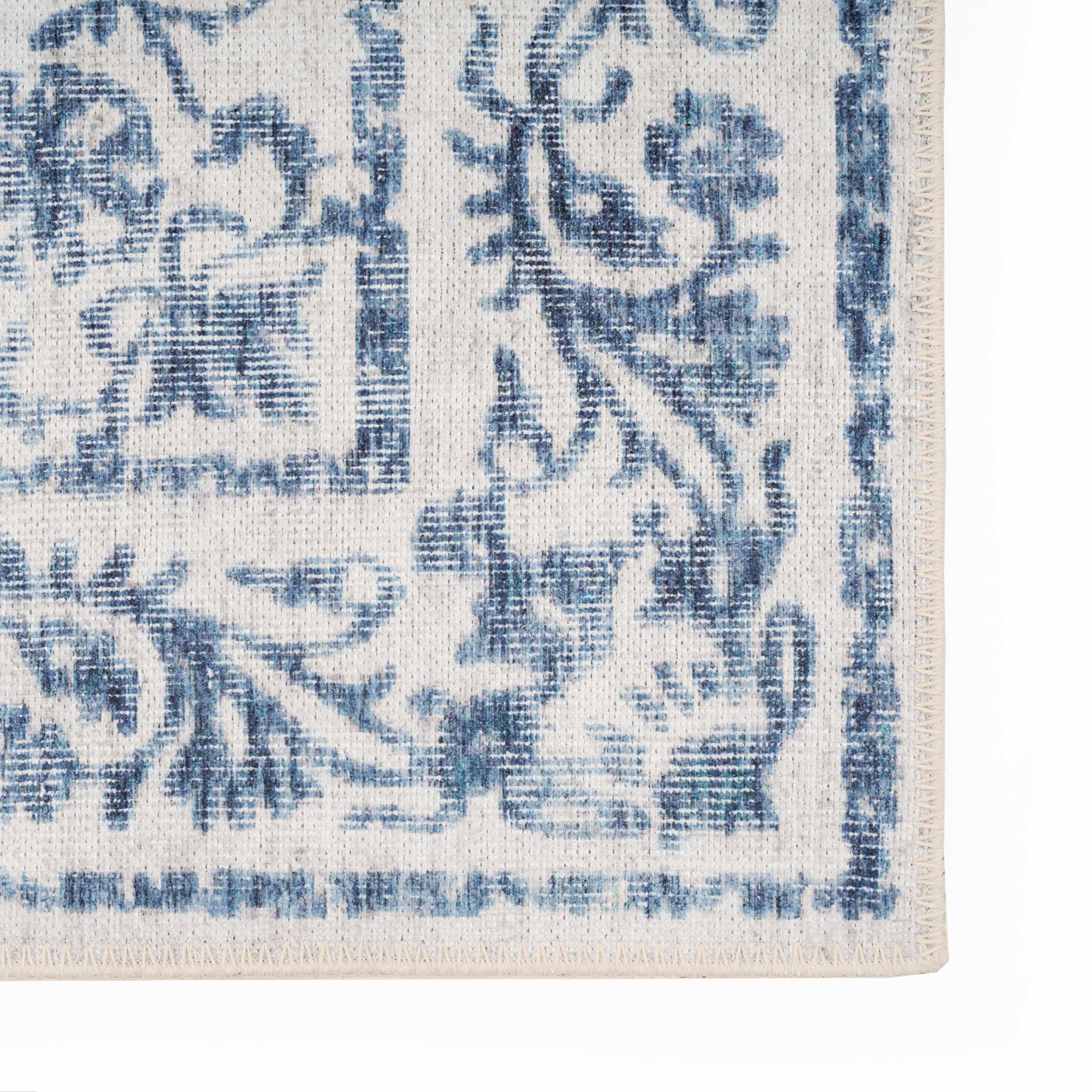 Flatwoven Washable Distressed Blue Damask Runner - Bala - Image 4