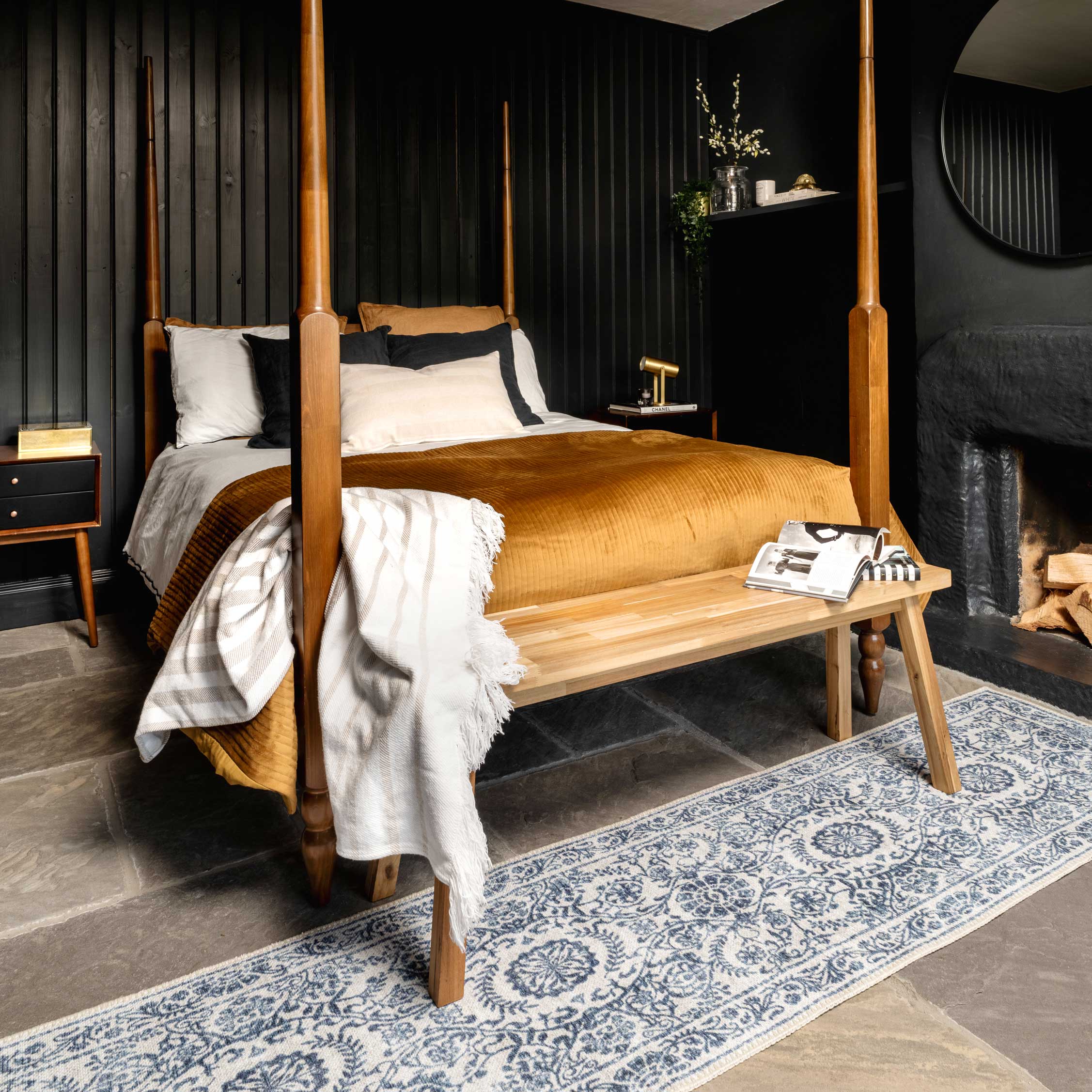 Flatwoven Washable Distressed Blue Damask Runner - Bala - Image 9