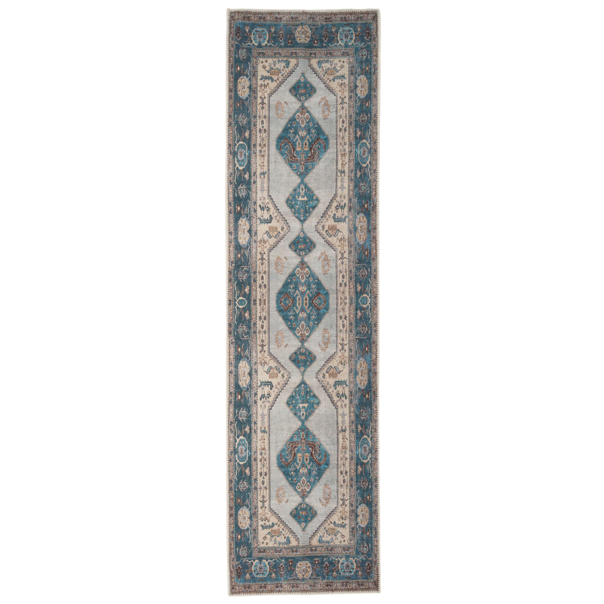 Flatwoven Washable Distressed Teal Bordered Rug - Cyrus - Image 12