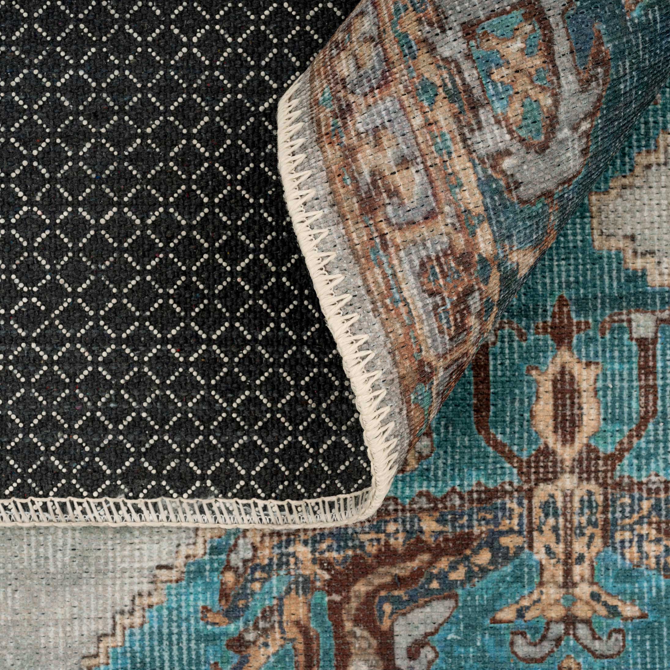 Flatwoven Washable Distressed Teal Bordered Rug - Cyrus - Image 3