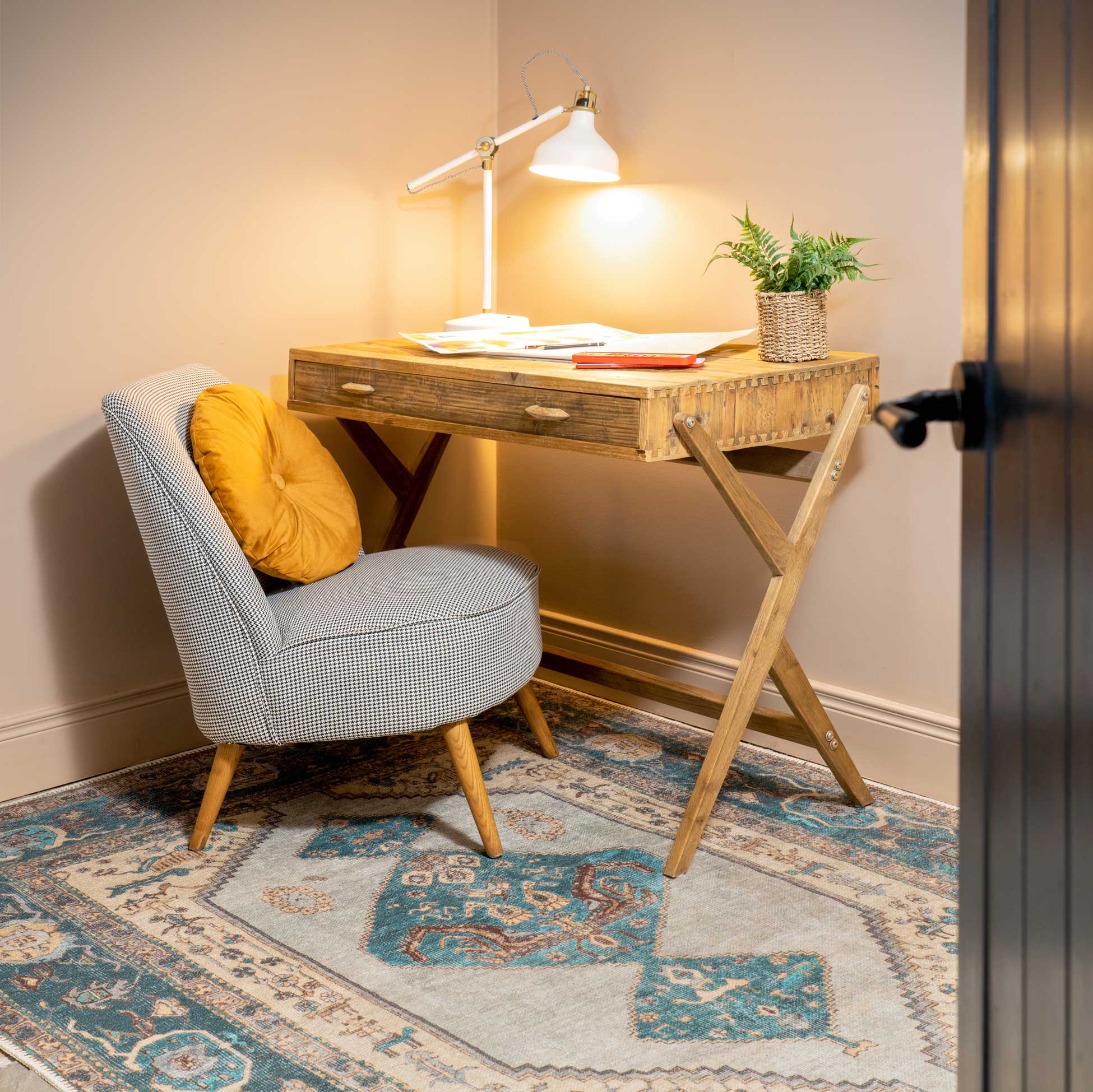 Flatwoven Washable Distressed Teal Bordered Rug - Cyrus - Image 8