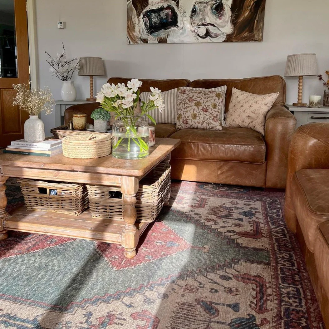 Flatwoven Washable Distressed Terracotta Green Boho Rug - Faro - Image 12