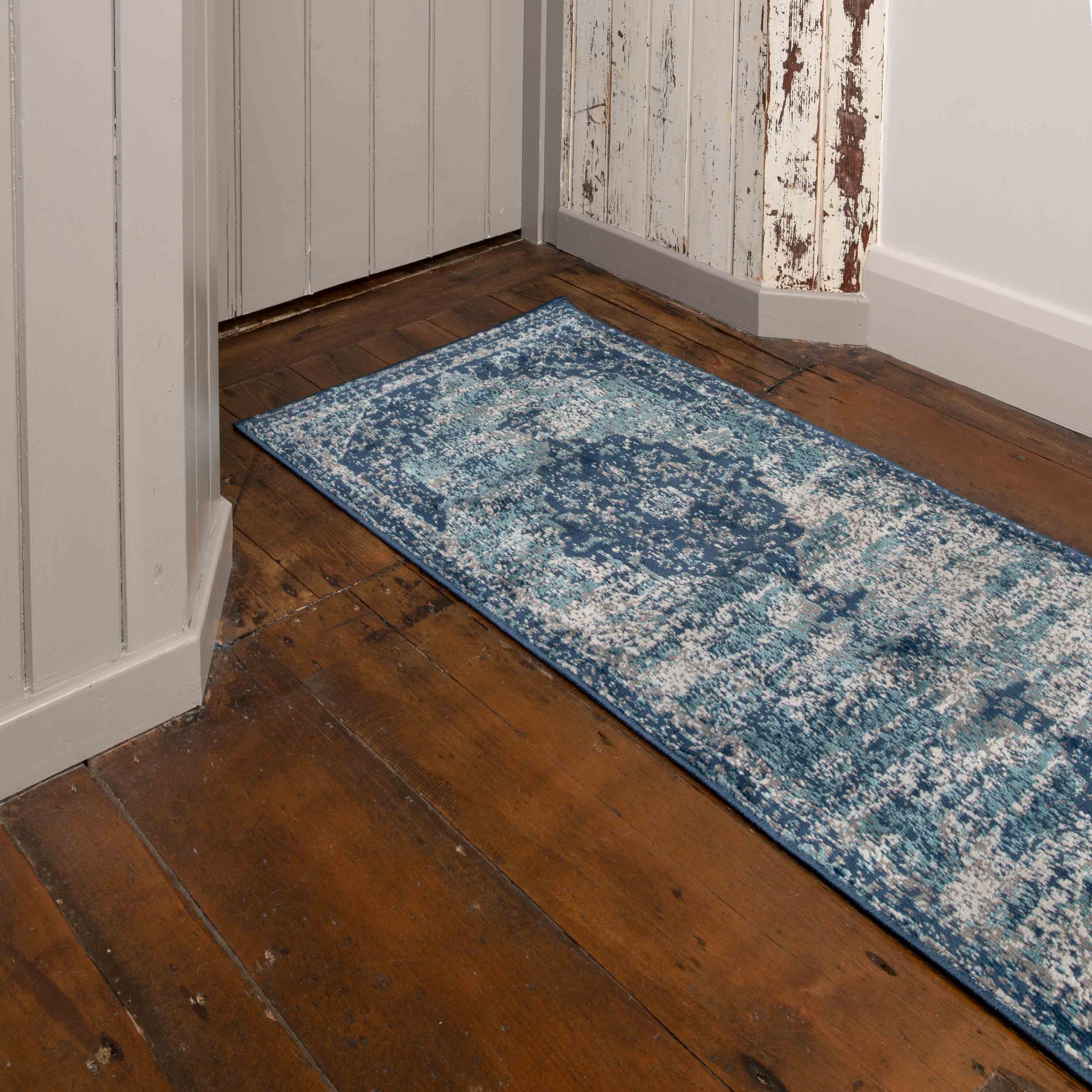 Faded Distressed Navy Blue Oriental Runner Rug - Image 6
