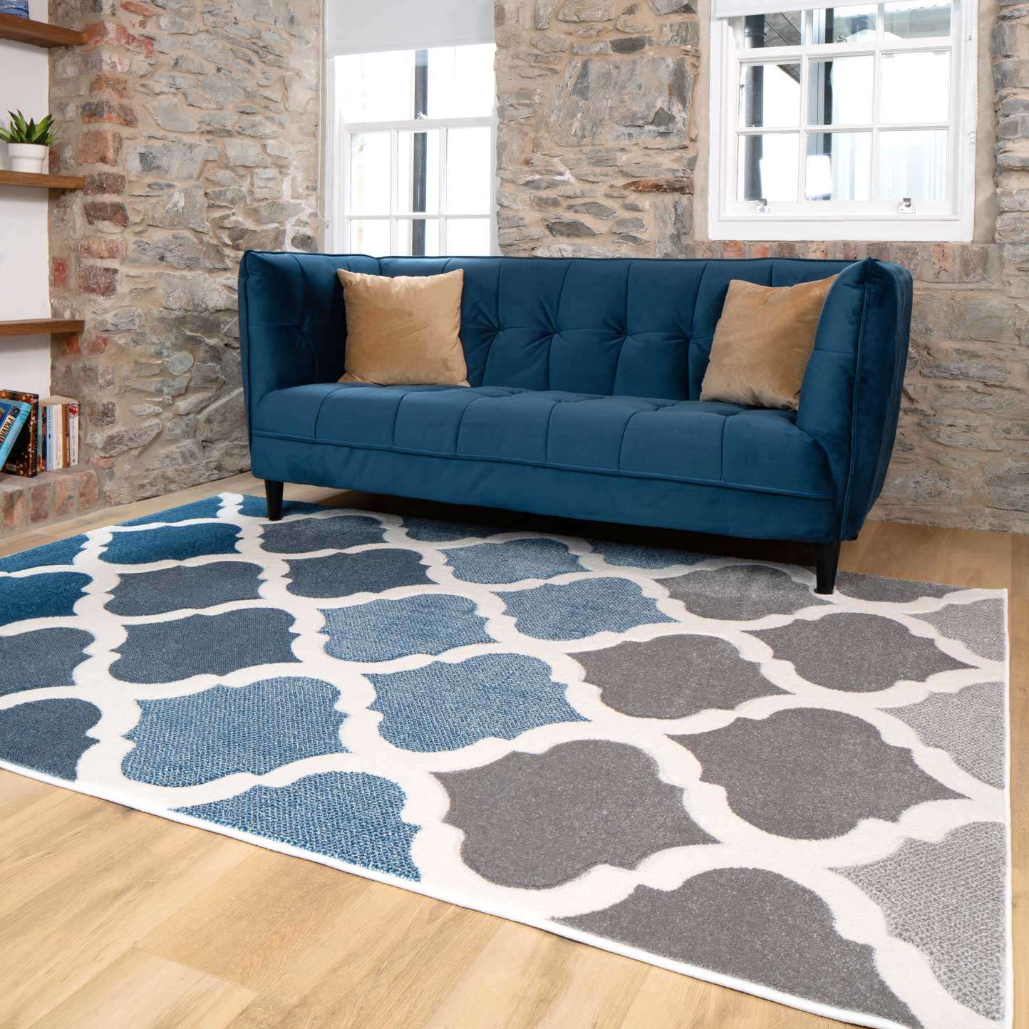 Fresh Trellis Blue Living Room Rug - Topaz - Image 3
