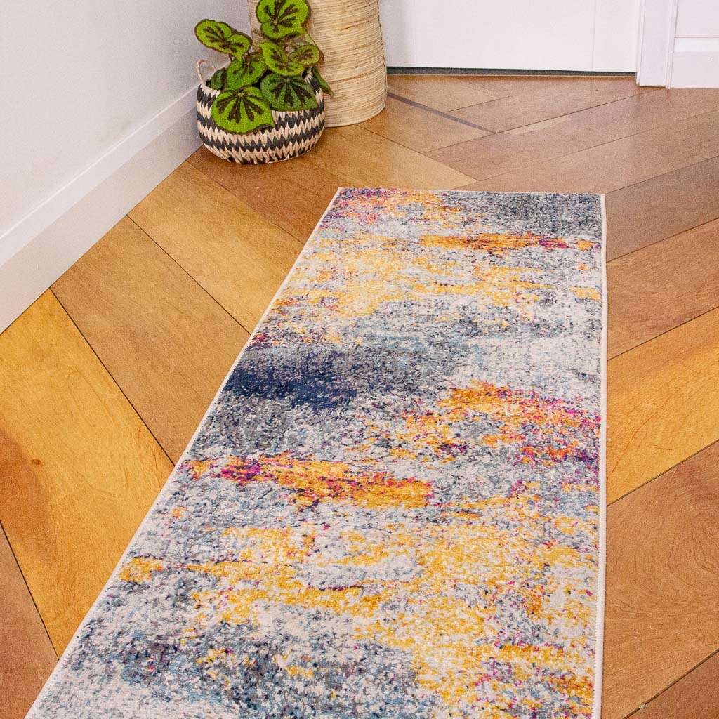 Gold Blue Distressed Living Room Runner Rug - Image 3