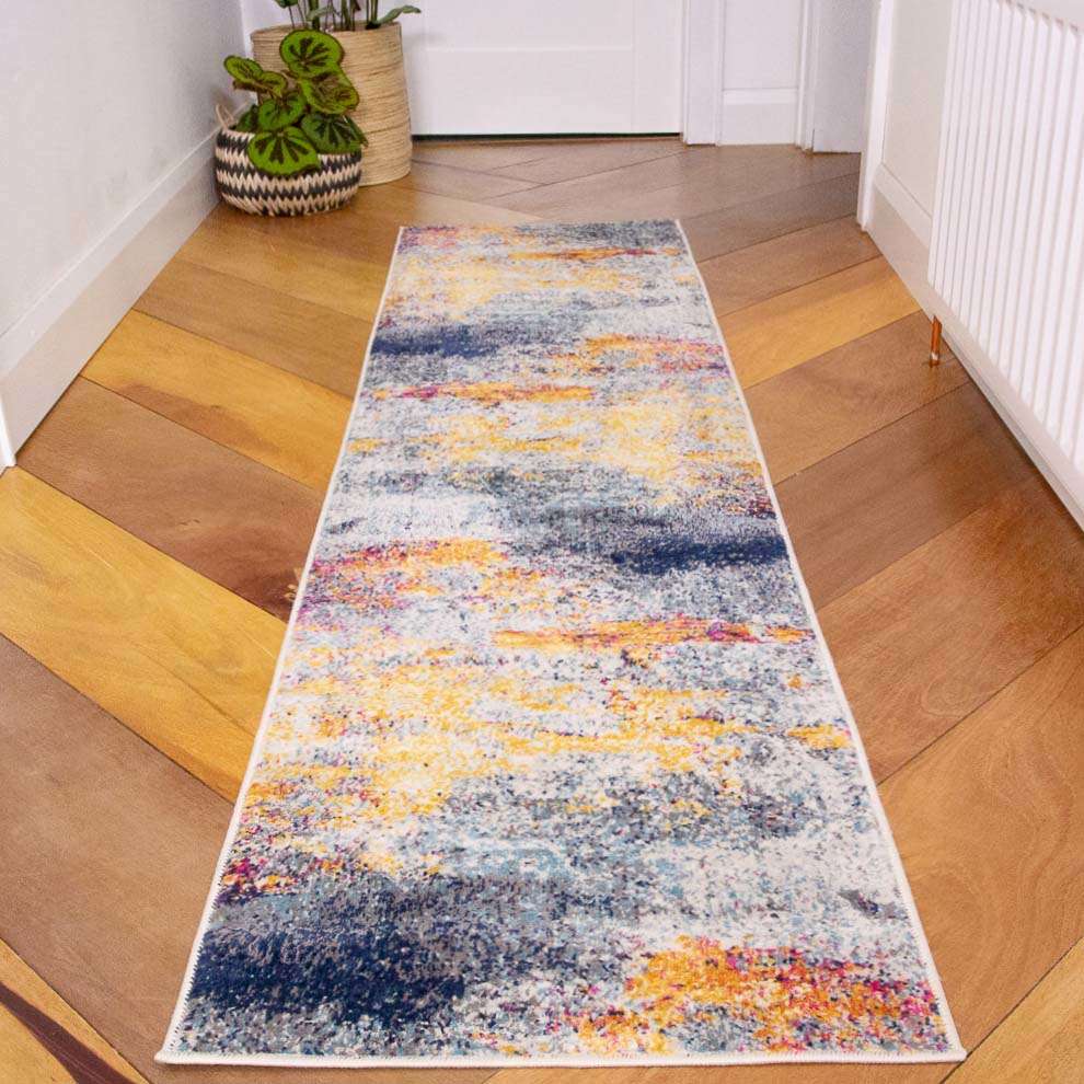 Gold Blue Distressed Living Room Runner Rug - Image 4
