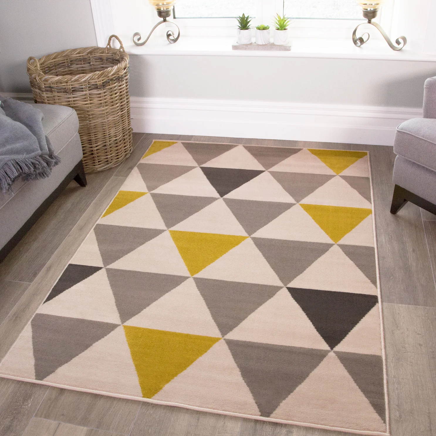 Large Yellow Grey Geometric Triangle Rug - Image 5