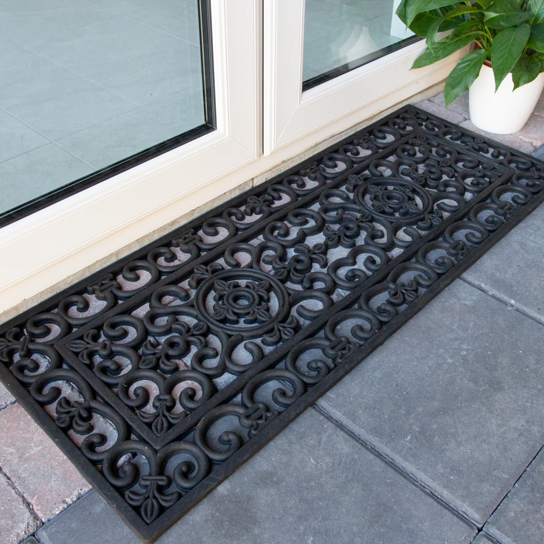 Long Ornate Iron Black Rubber Entrance Doormat - Image 4