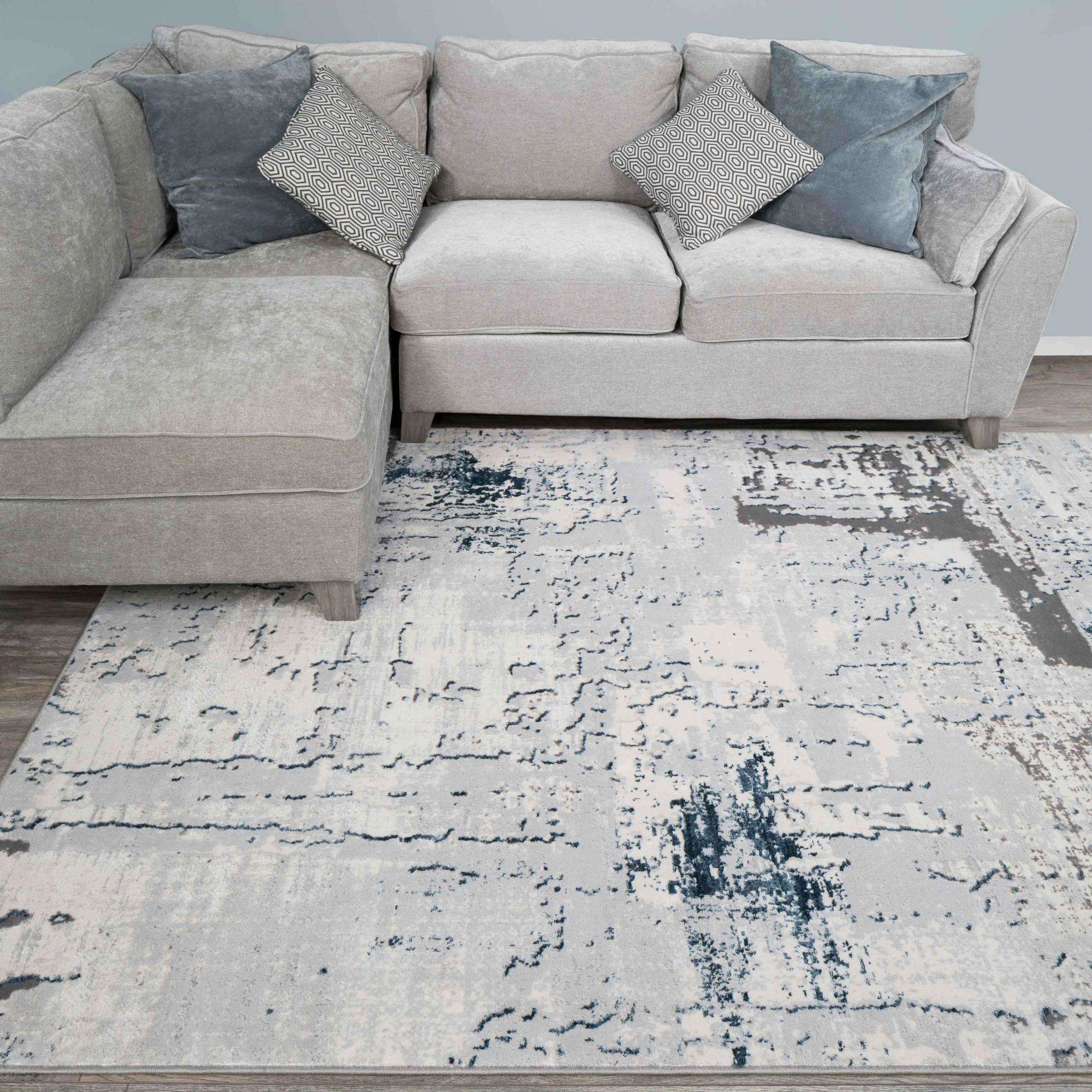Modern Blue Abstract Distressed Hall Runner Rugs - Image 3