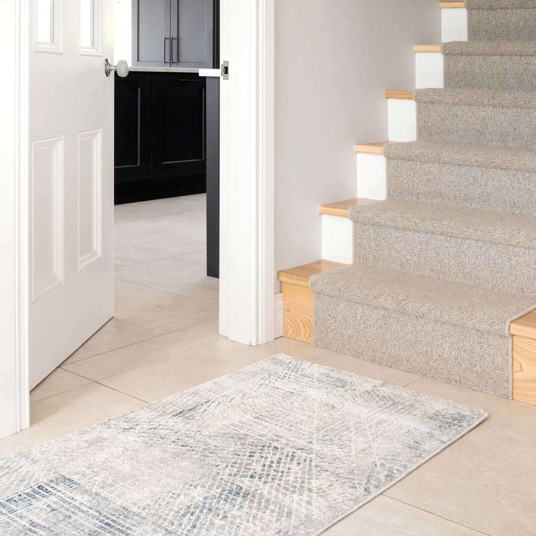 Modern Blue Distressed Abstract Kitchen Runner Rug - Image 4