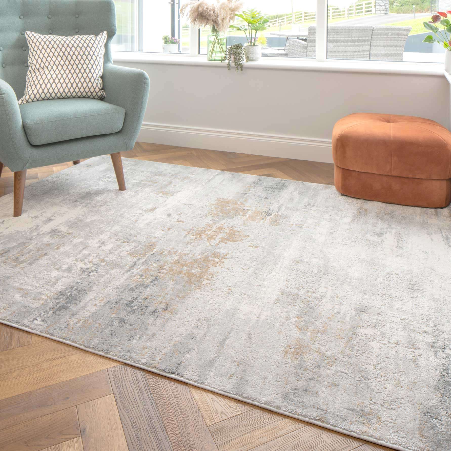 Modern Soft Grey Gold Distressed Abstract Living Room Rug - Moonshine - Image 4