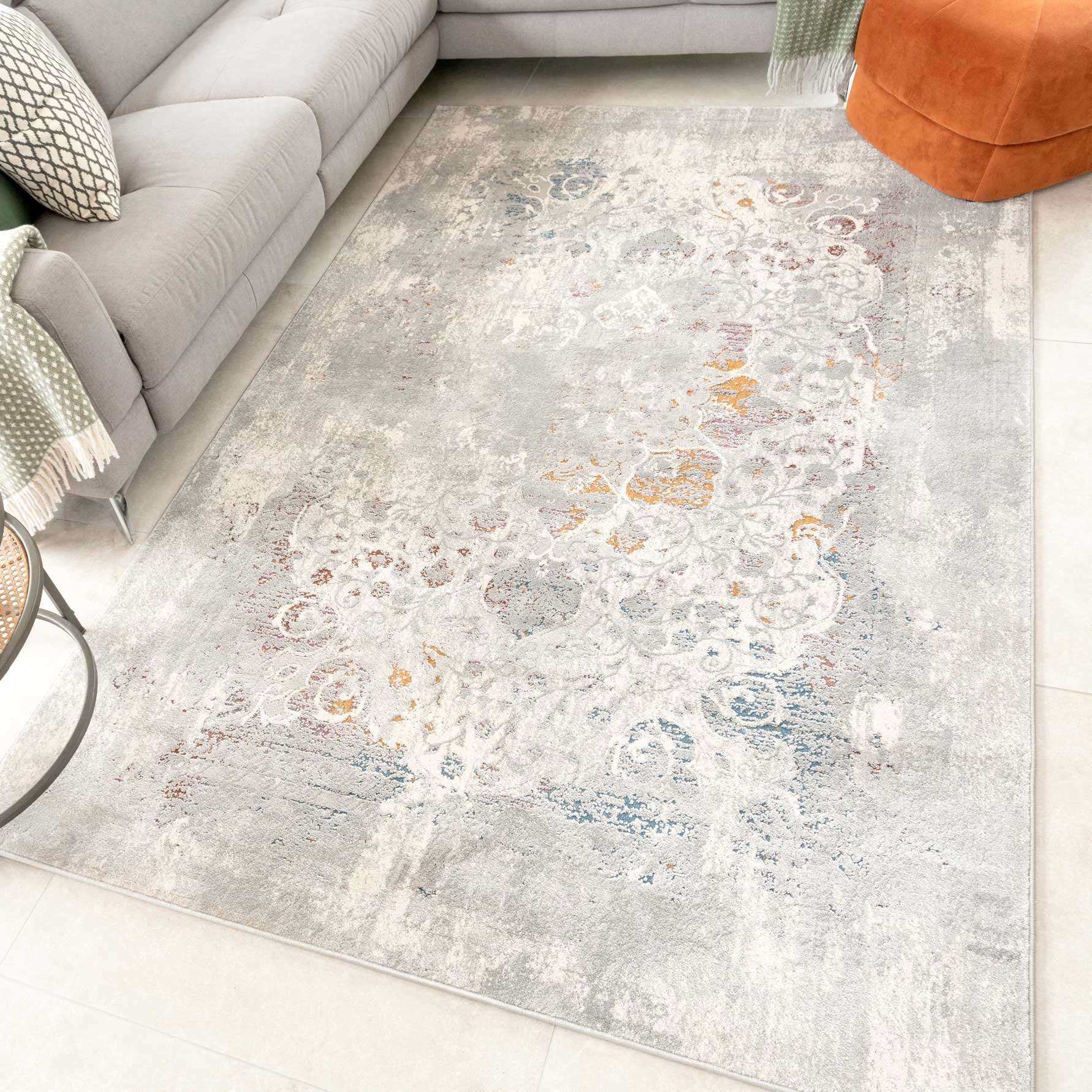 Ornate Soft Grey Distressed Medallion Hall Runner Rug - Image 6