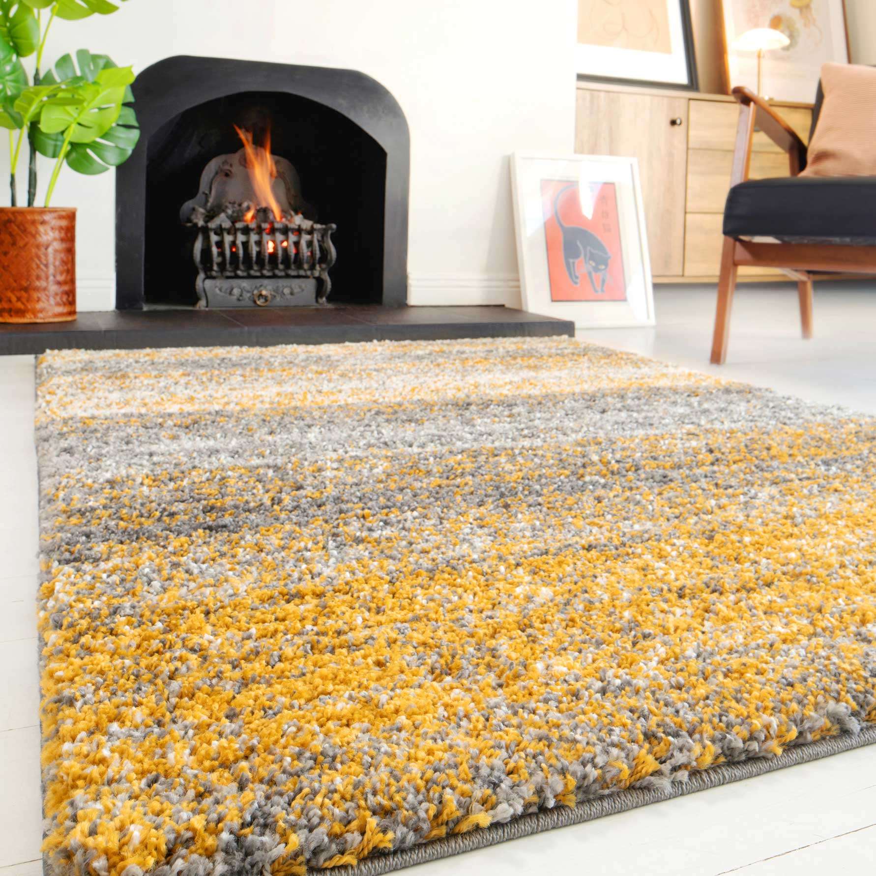 Premium Cosy Ochre Striped Shaggy Rug - Image 3