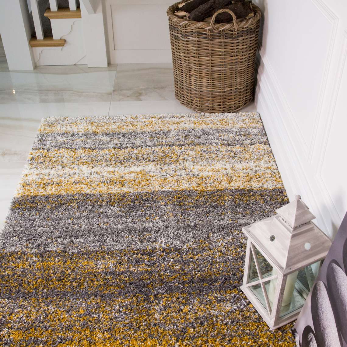 Premium Cosy Ochre Striped Shaggy Rug - Image 5