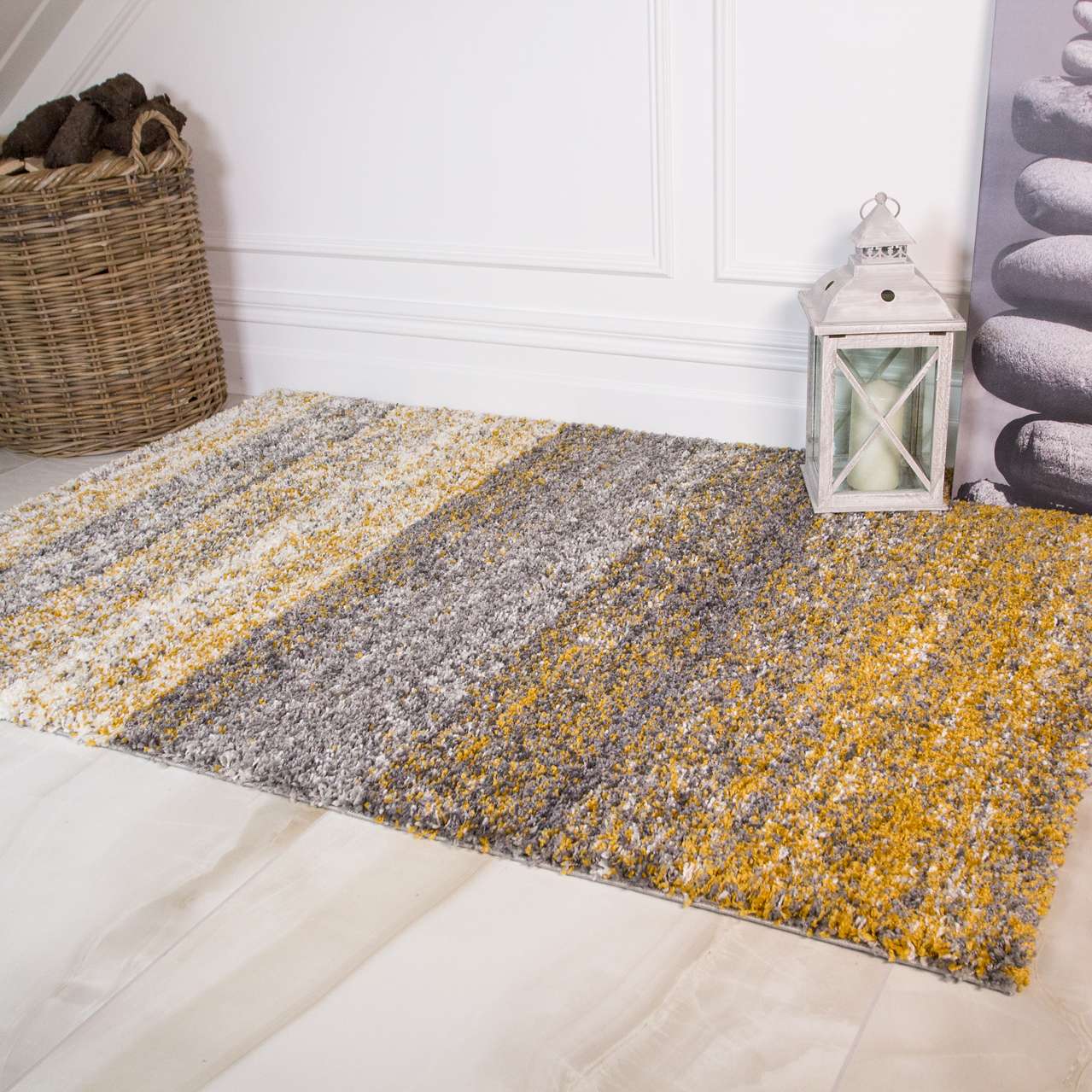 Premium Cosy Ochre Striped Shaggy Rug - Image 7