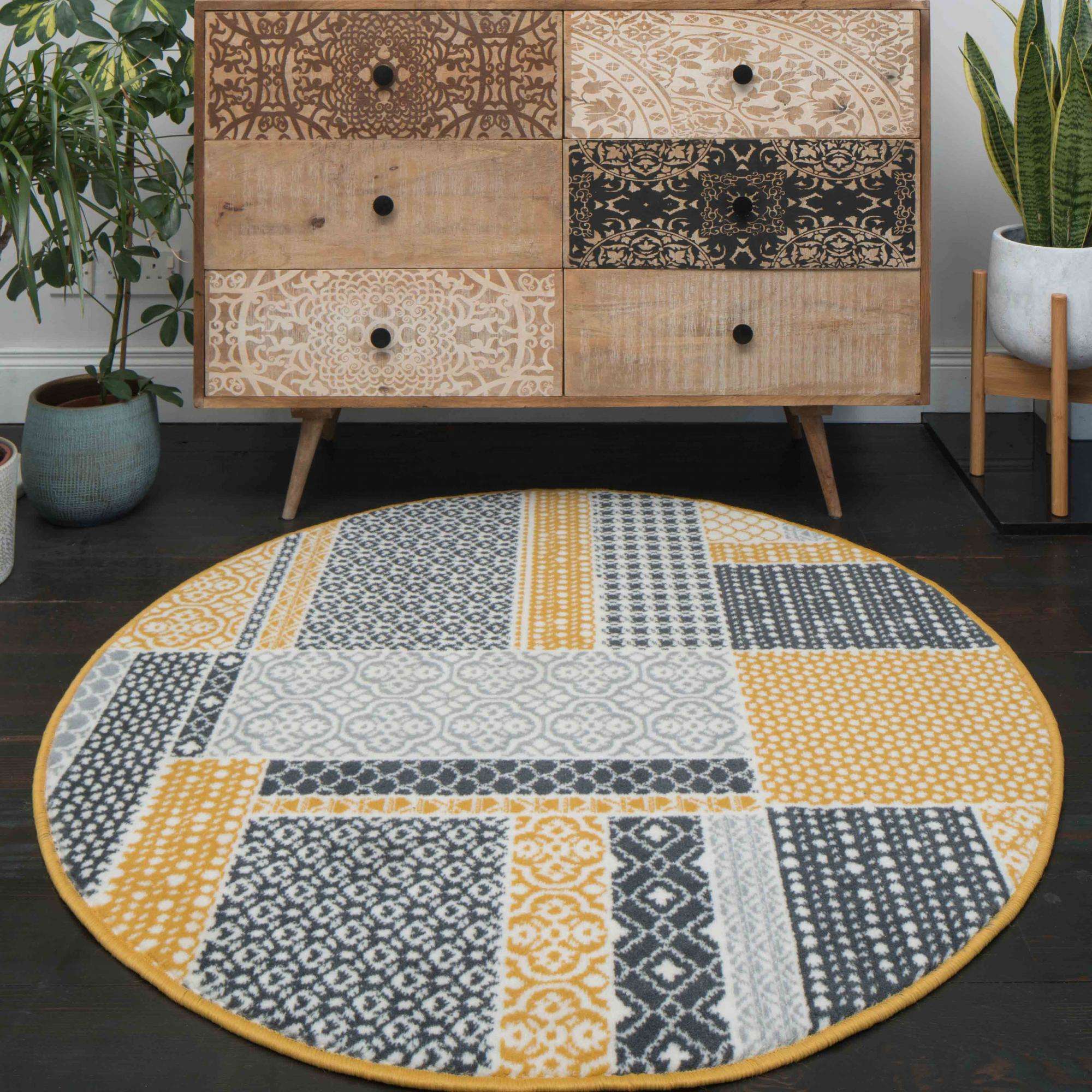 Round Circle Ochre Patchwork Rug - Image 3