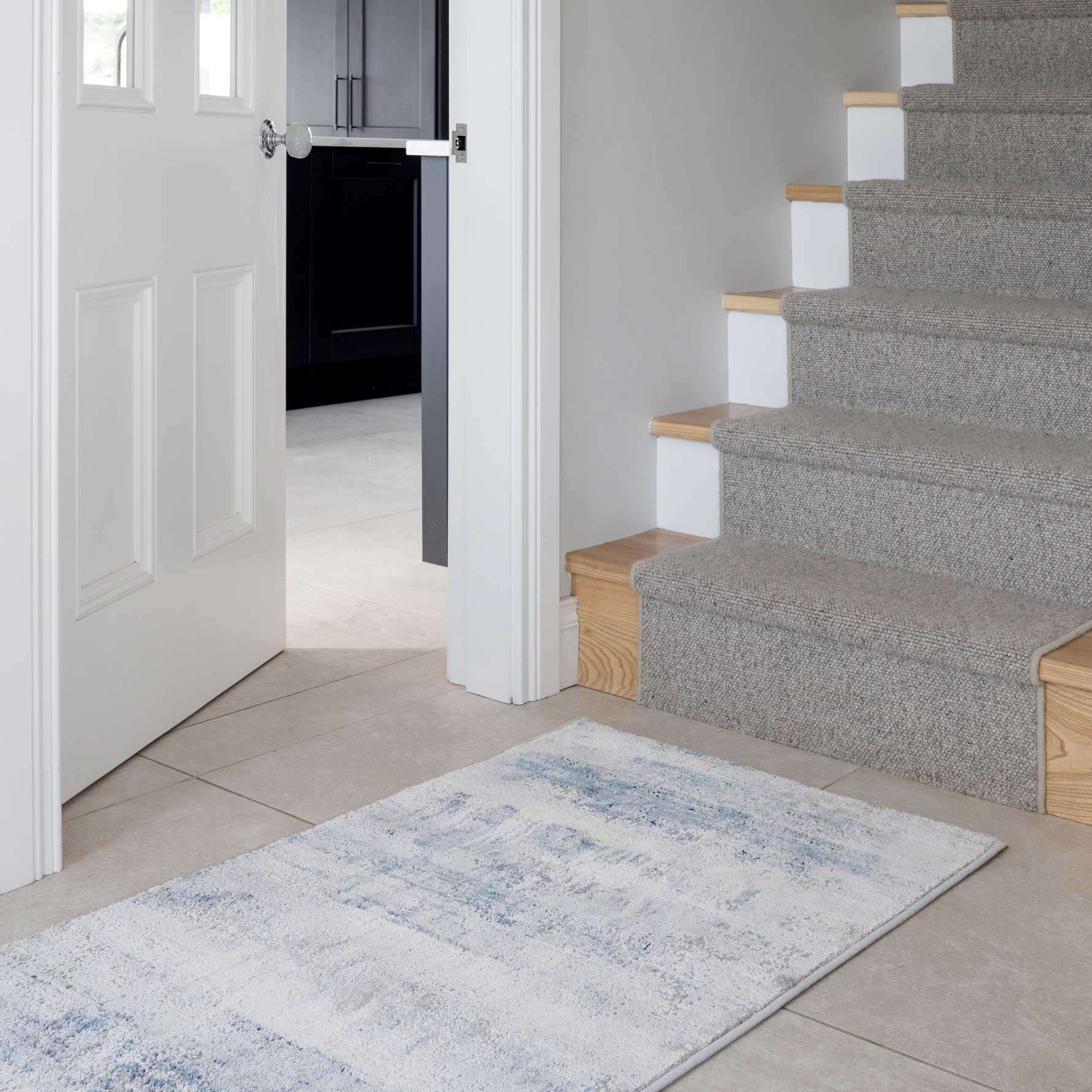 Soft Blue Distressed Abstract Kitchen Runner Rug - Image 3