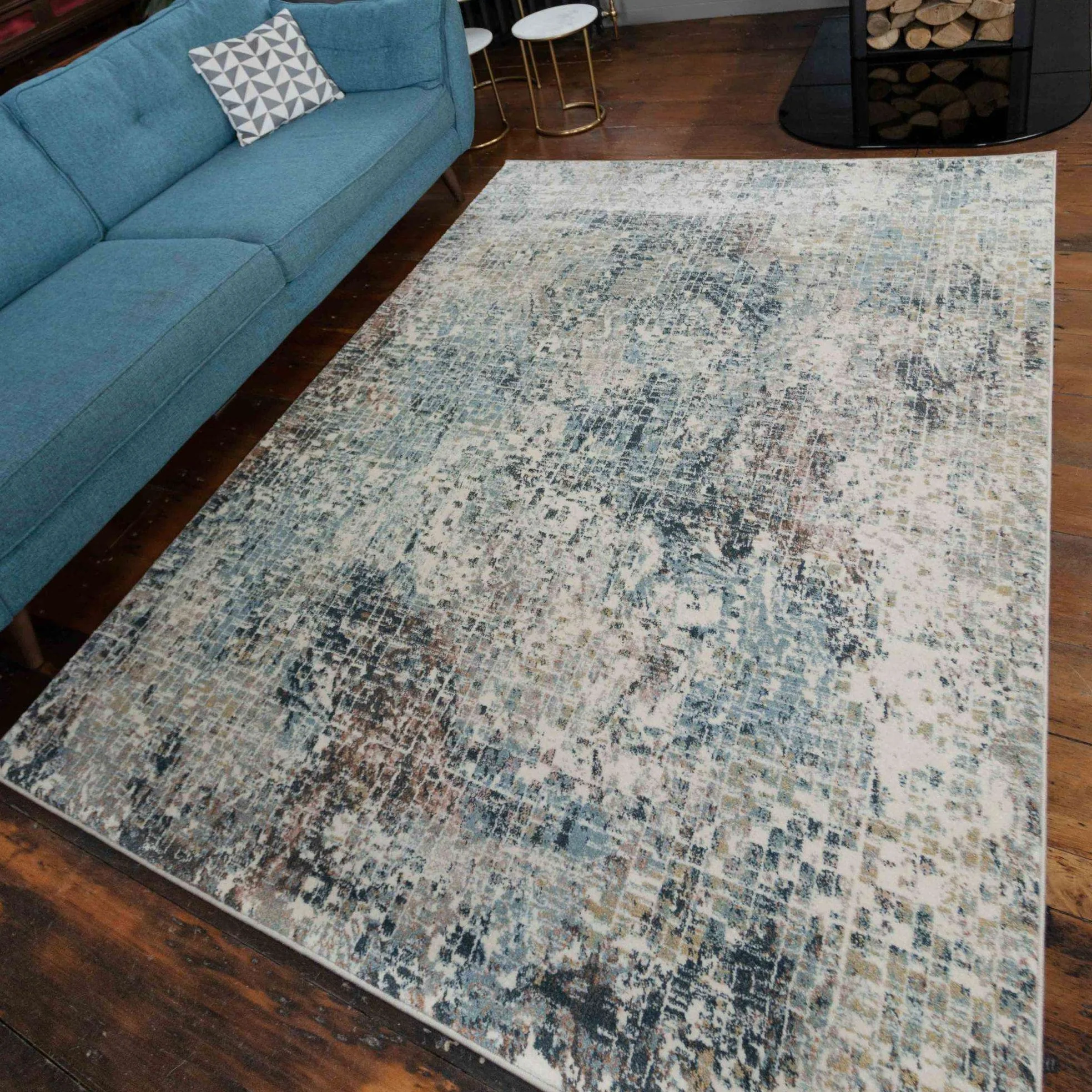 Soft Modern Blue Distressed Abstract Bedroom Rugs - Minuet - Image 3