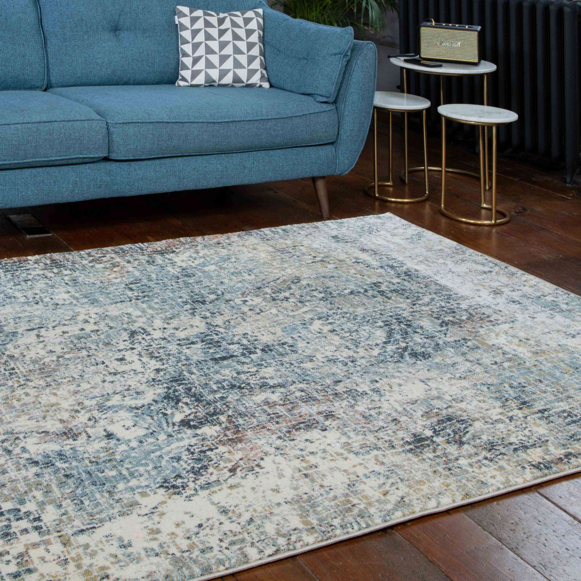 Soft Modern Blue Distressed Abstract Hall Runner Rugs - Image 3