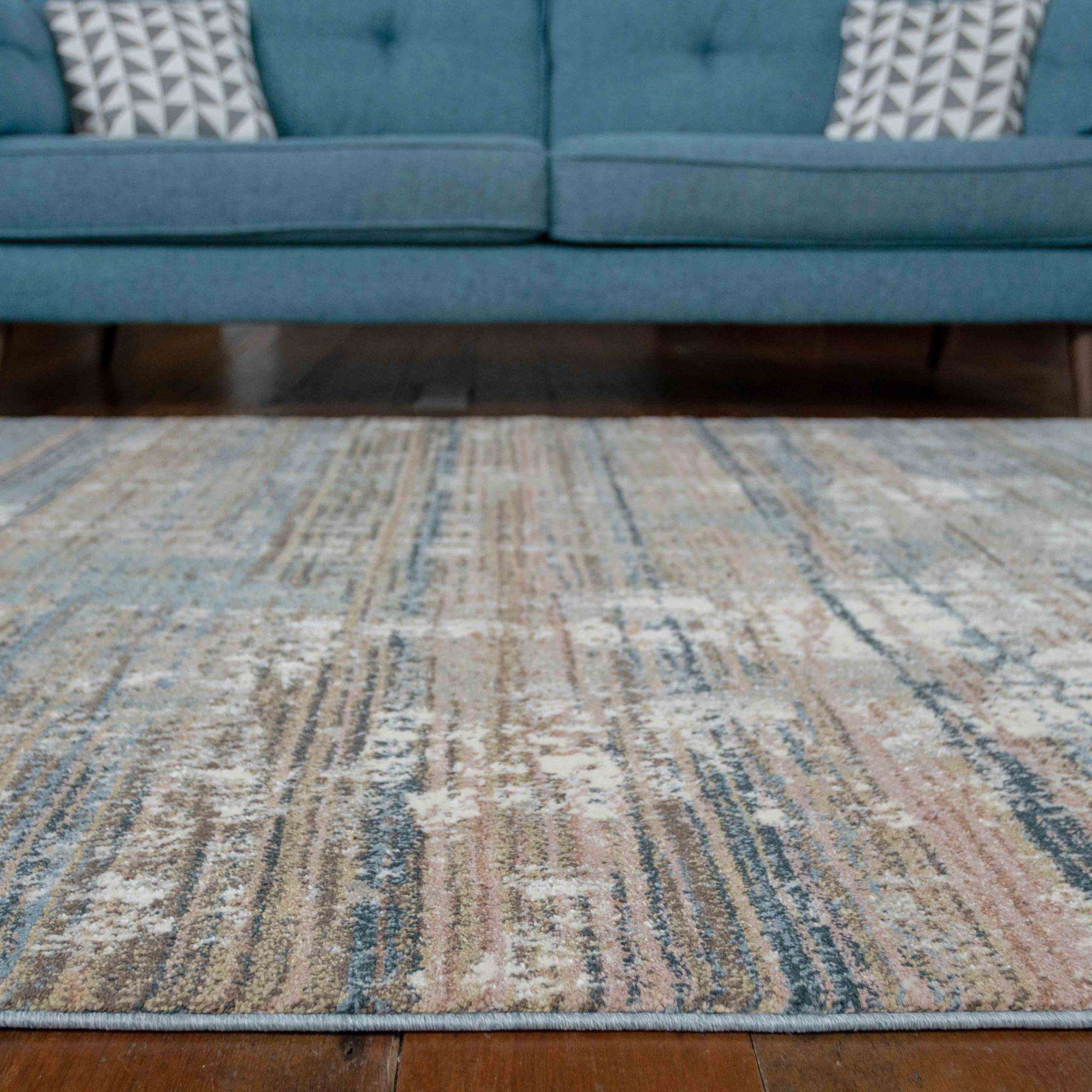 Soft Modern Blue Distressed Scratched Effect Runner Rugs - Image 4