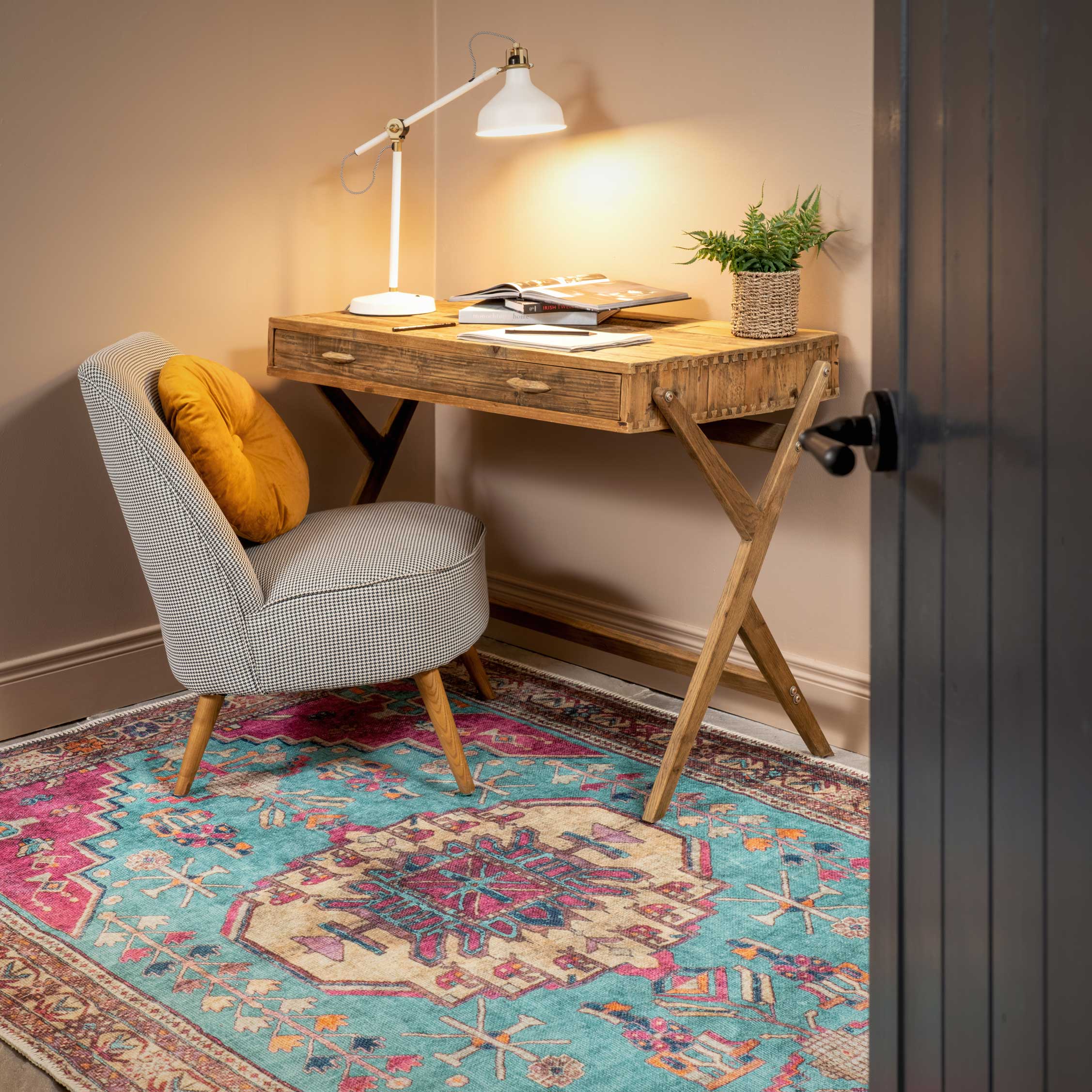 Flatwoven Washable Vibrant Teal Pink Distressed Boho Rug - Clarissa - Image 3