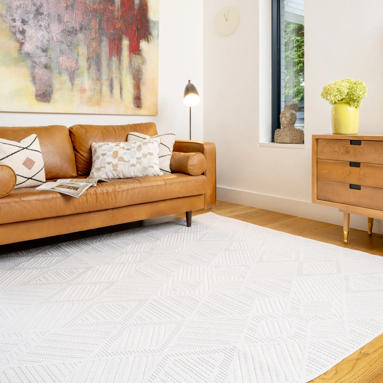Washable Bobbled Cream Diamond Rug - Leah - Image 5