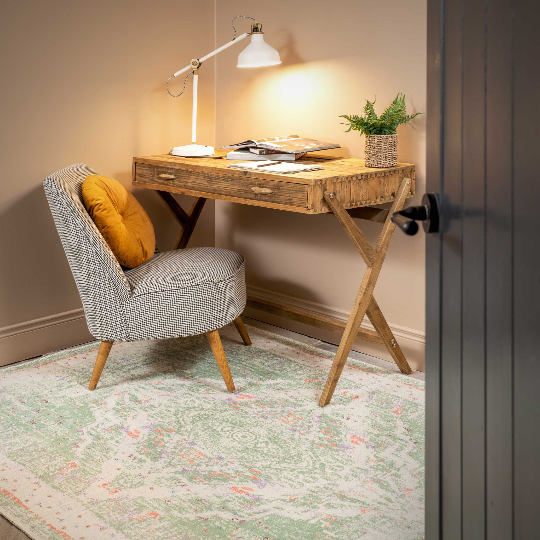 Flatwoven Washable Distressed Green Medallion Rug - Lottie - Image 3